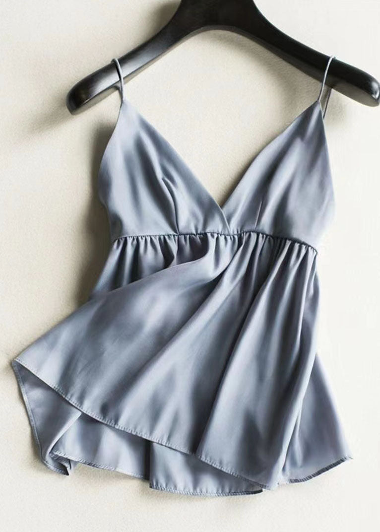 Blue Wrinkled Chiffon Shirt and Spaghetti Strap Two Pieces Set Lantern Sleeve