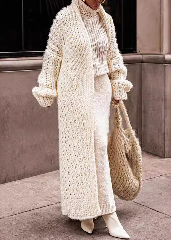 European and American Style White Puff Sleeve Knit Cardigan