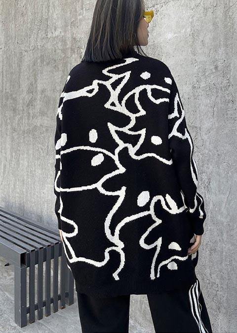 For Work Black Cartoon Flower Weaving Knit Blouse O Neck Knit Sweat Tops
