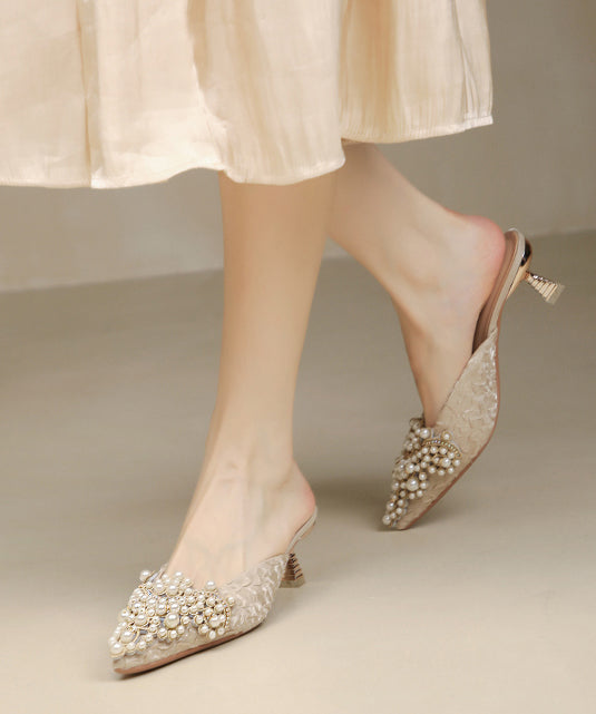 Splicing High Heel Blue Slide Sandals Nail Bead Pointed Toe