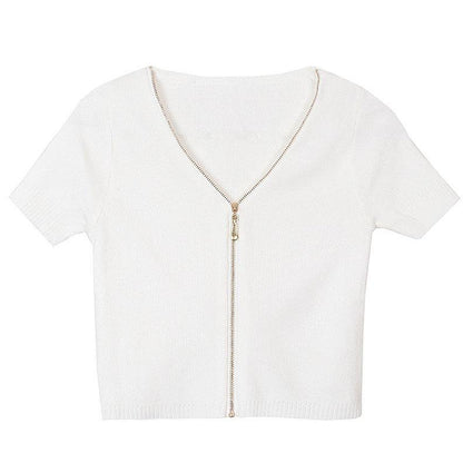 Modern White Zippered V Neck Shirt Tops Summer