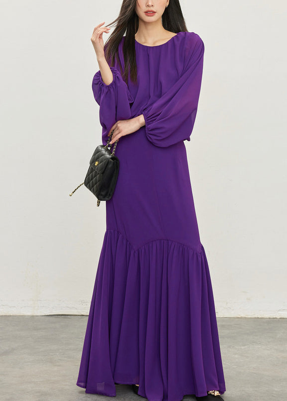 Purple Wrinkled Tops and Skirts Chiffon Two Pieces Set Batwing Sleeve