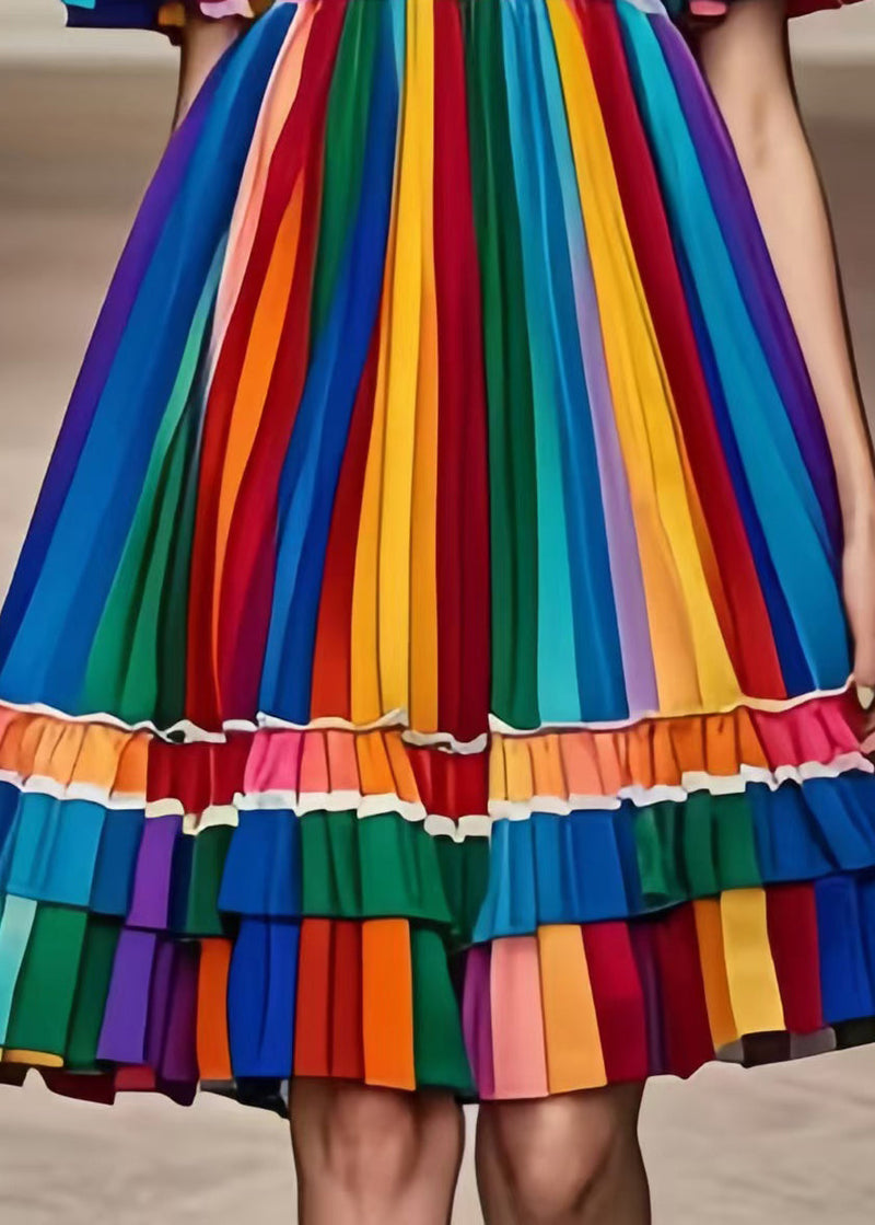 Rainbow Cold Shoulder Striped Chiffon Dress Summer