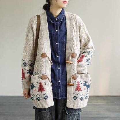 For Work Spring Knit Sweat Tops Beige Deer Print Knitted Cardigans