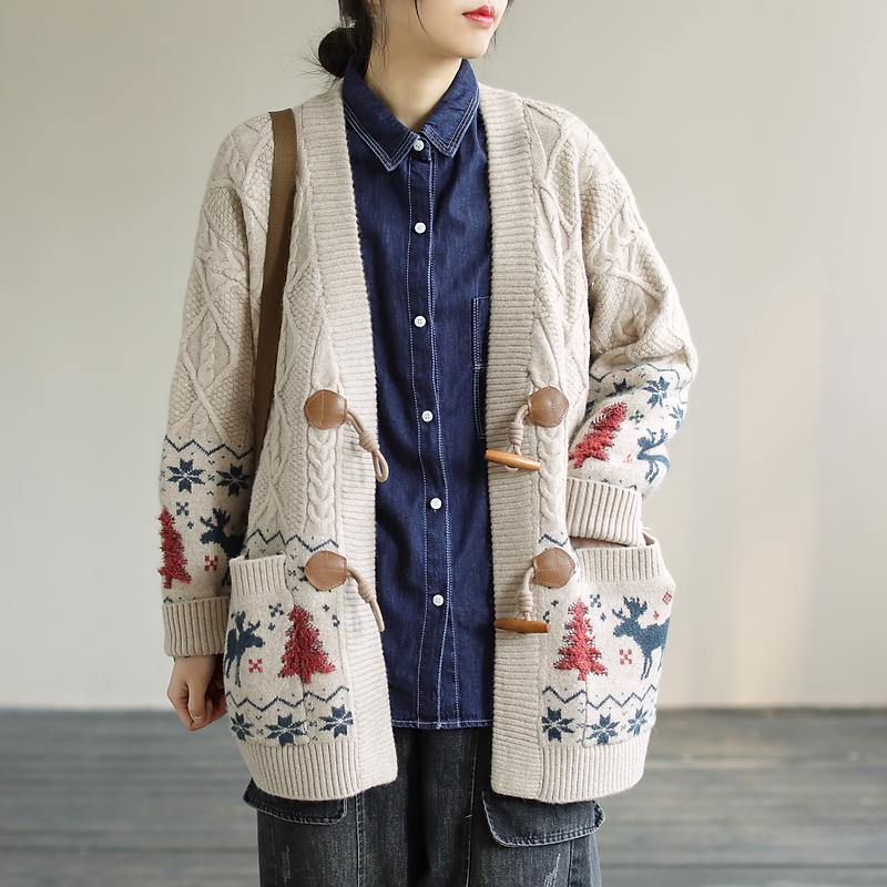 For Work Spring Knit Sweat Tops Beige Deer Print Knitted Cardigans