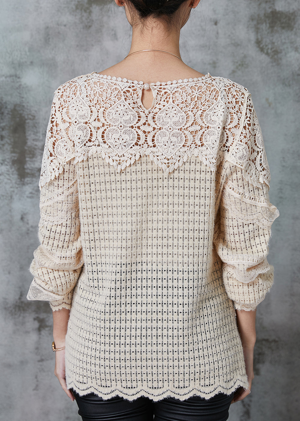 Apricot Hollow Out Patchwork Knit Blouse Tops Spring