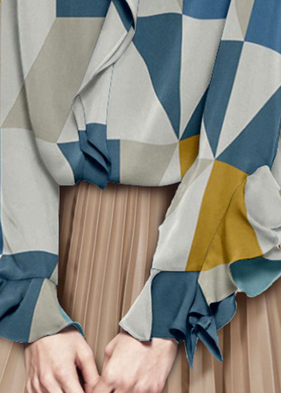 Colorblock V Neck Print Ruffles Chiffon Shirt Spring
