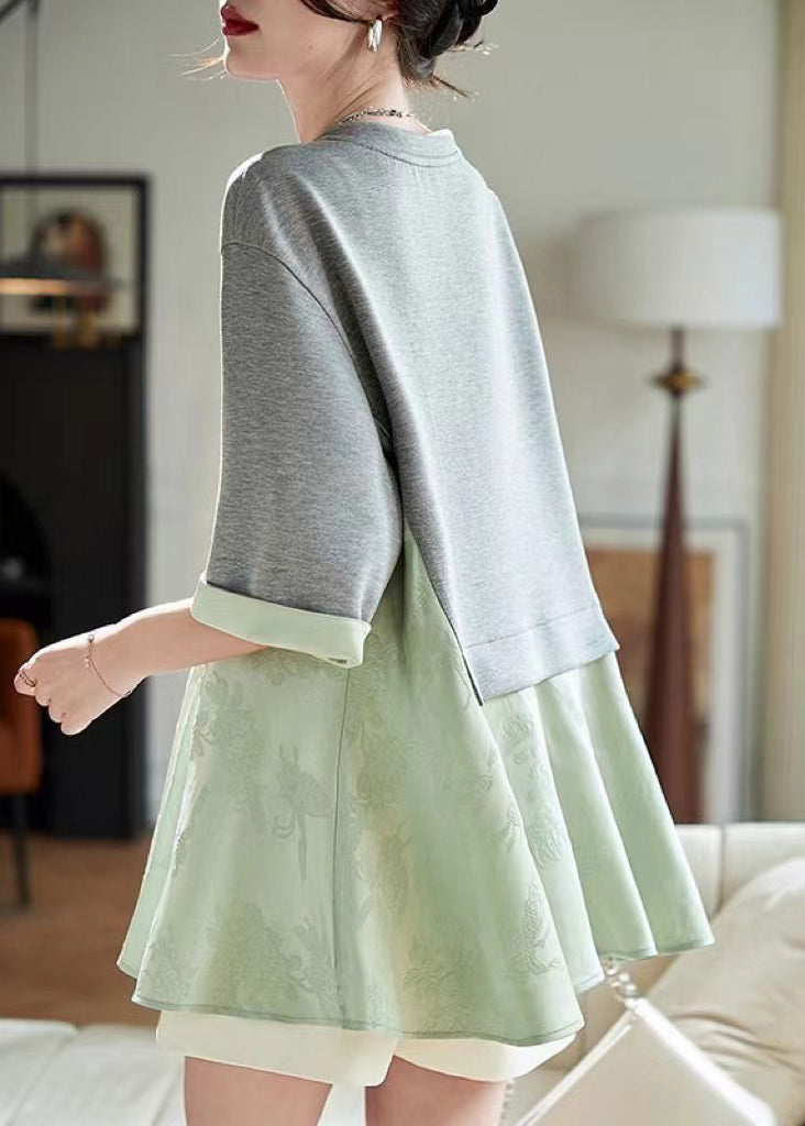 Green False Two Pieces Print Patchwork Cotton Top Summer