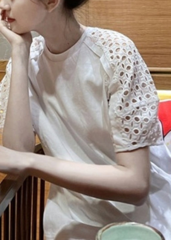 White O-neck Hollow Out T Shirt Short Sleeve