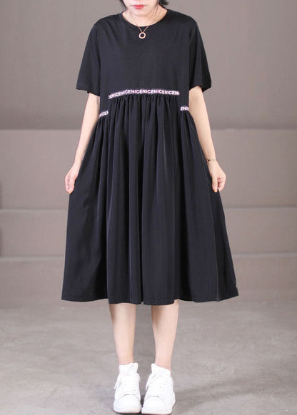 Black O-neck Oversized Letter Applique Pleated Dress Summer