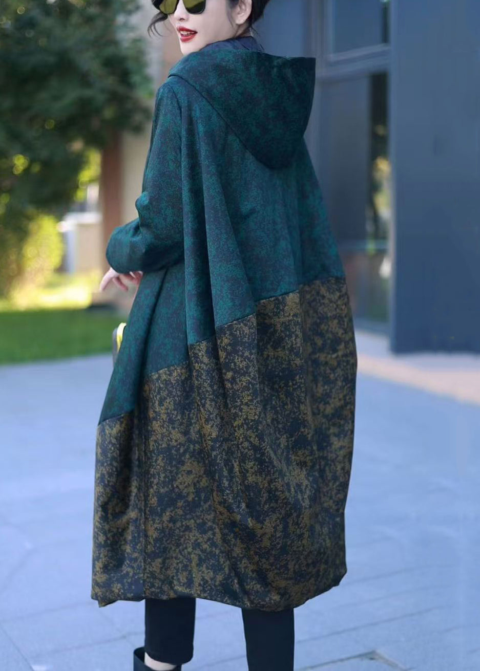 Loose Blue Hooded Print Patchwork Cotton Coats Winter
