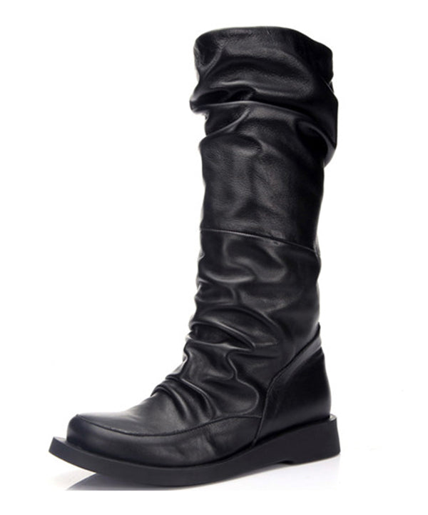 European and American Style Boots Black Wrinkled Cowhide Leather
