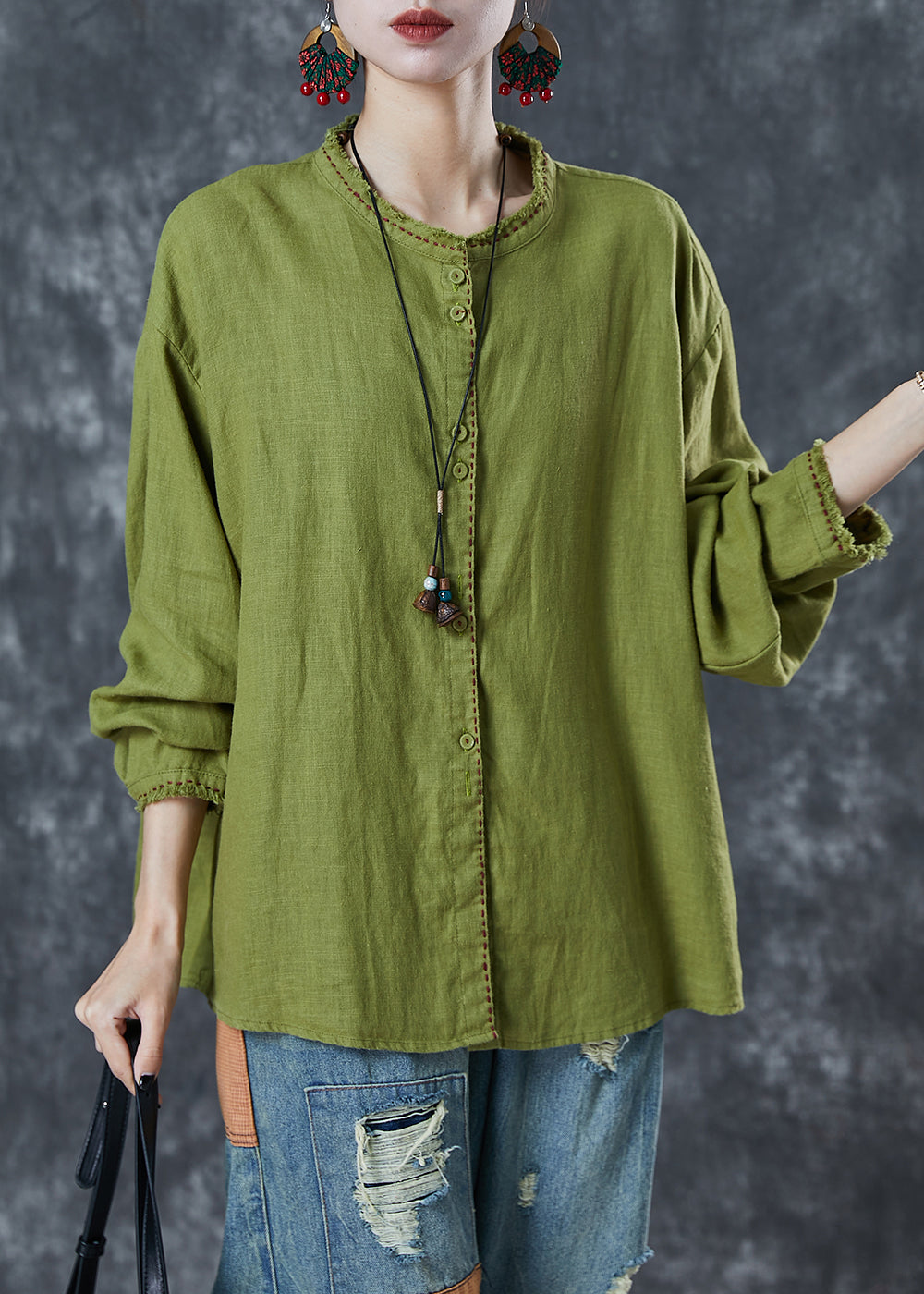Grass Green Embroidered Linen Blouses Spring