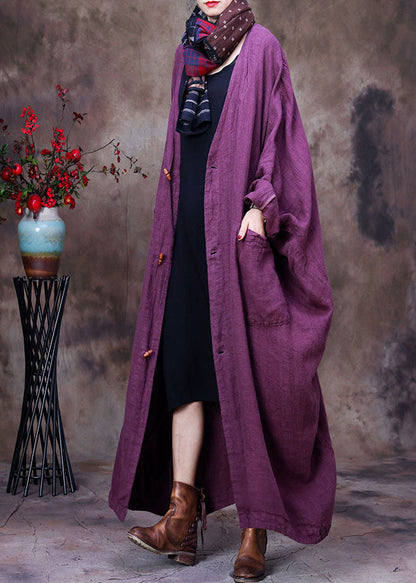 Purple V Neck Linen Coat Outwear Long Sleeve
