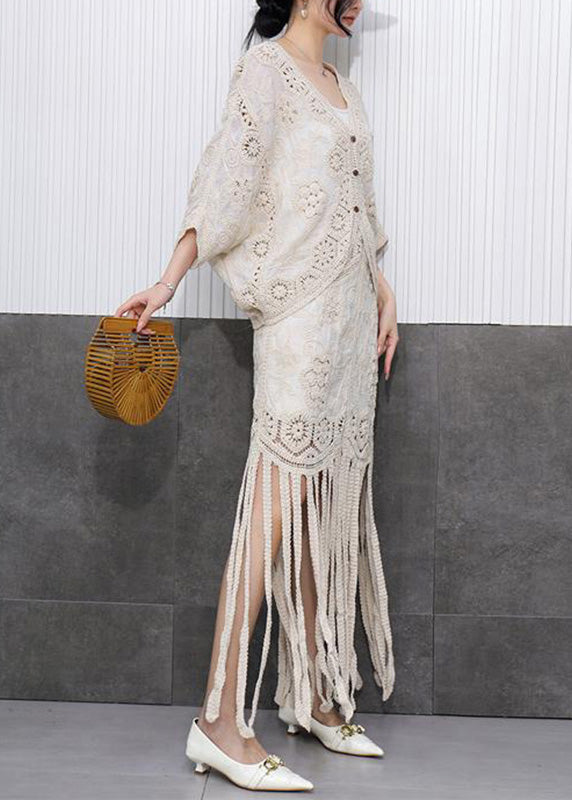 Beige Hollow Out Tassel Knit Cardigans and Maxi Skirts Two Pieces Set Fall