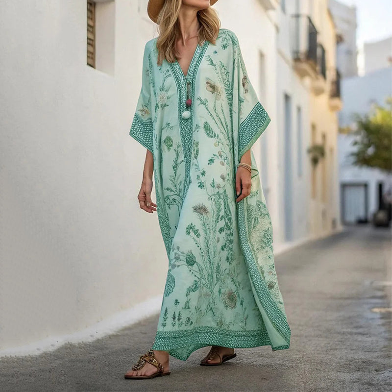 Comstylish Long Sleeve Kaftan Linen Vacation Maxi Dress