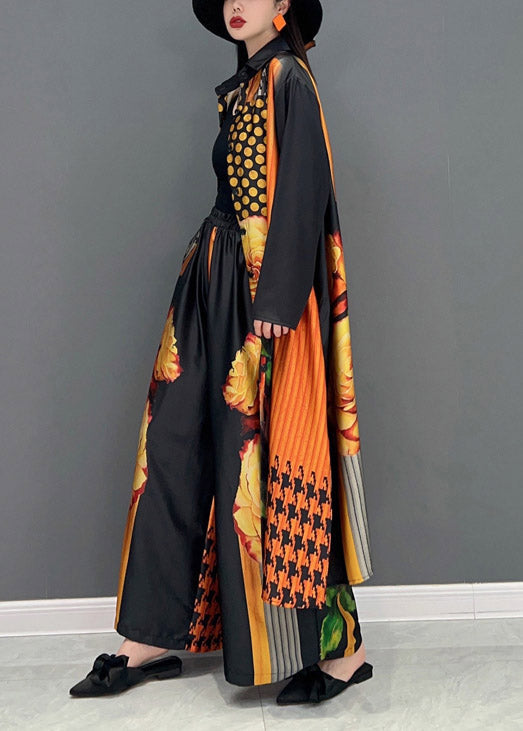 Red Peter Pan Collar Side Open Print Chiffon Long Shirt and Wide Leg Pants Two Piece Long Sleeve
