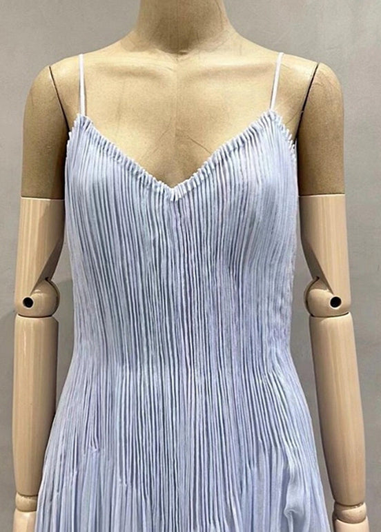 Blue V Neck Wrinkled Cotton Spaghetti Strap Dress Summer