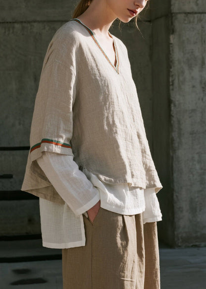 Apricot Oversized Patchwork Cotton Fake Two Piece Shirts Spring
