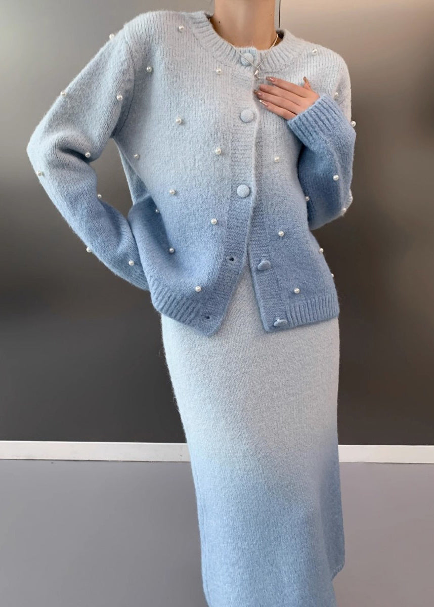 Modern Blue O-neck Nail Bead Cotton Knit Sweaters and Maxi Skirts Two Piece Set Fall
