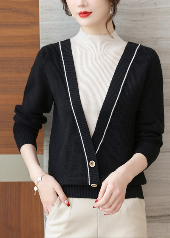 Khaki Half Hign Neck False Two Pieces Knit Sweater Tops Fall