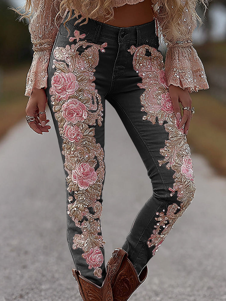 Women's Vintage Rose Floral Embroidery Art Loose Jeans artswardrobe