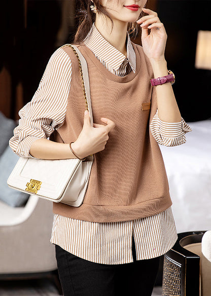 Striped Patchwork False Two Pieces Cotton Top Long Sleeve