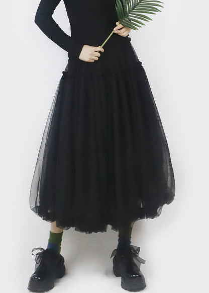 Black Elastic Waist Tulle Bud Skirt Ruffled