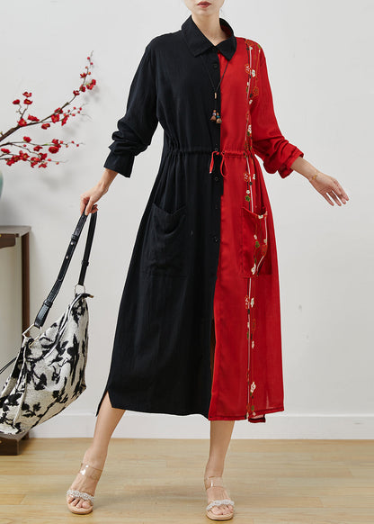 French Colorblock Cinched Patchwork Cotton Dress Spring