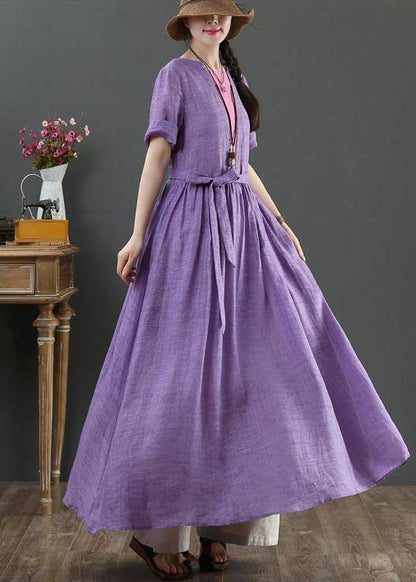 Loose Purple Patchwork Bow Summer Linen Dress