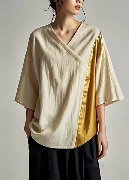Beige V Neck Patchwork Linen Shirt Tops Summer