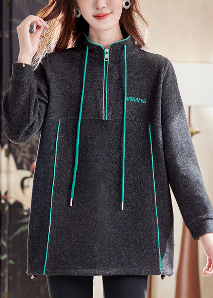 Dark Gray Zip Up Drawstring Patchwork Cotton Sweatshirts Spring