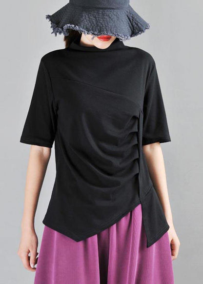Classy Black High Neck Asymmetrical Design Cotton Tops Summer