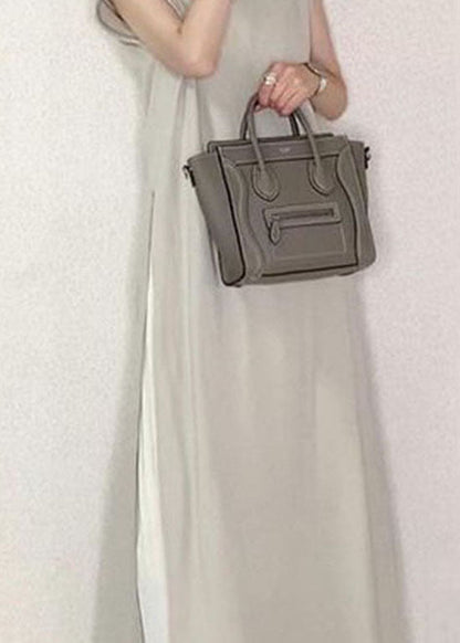 Grey O-neck Wrinkled Patchwork Side Open Cotton Two Pieces Set Summer