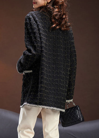 Handmade Black O-neck Pockets Plaid Patchwork Knit Coats Long Sleeve