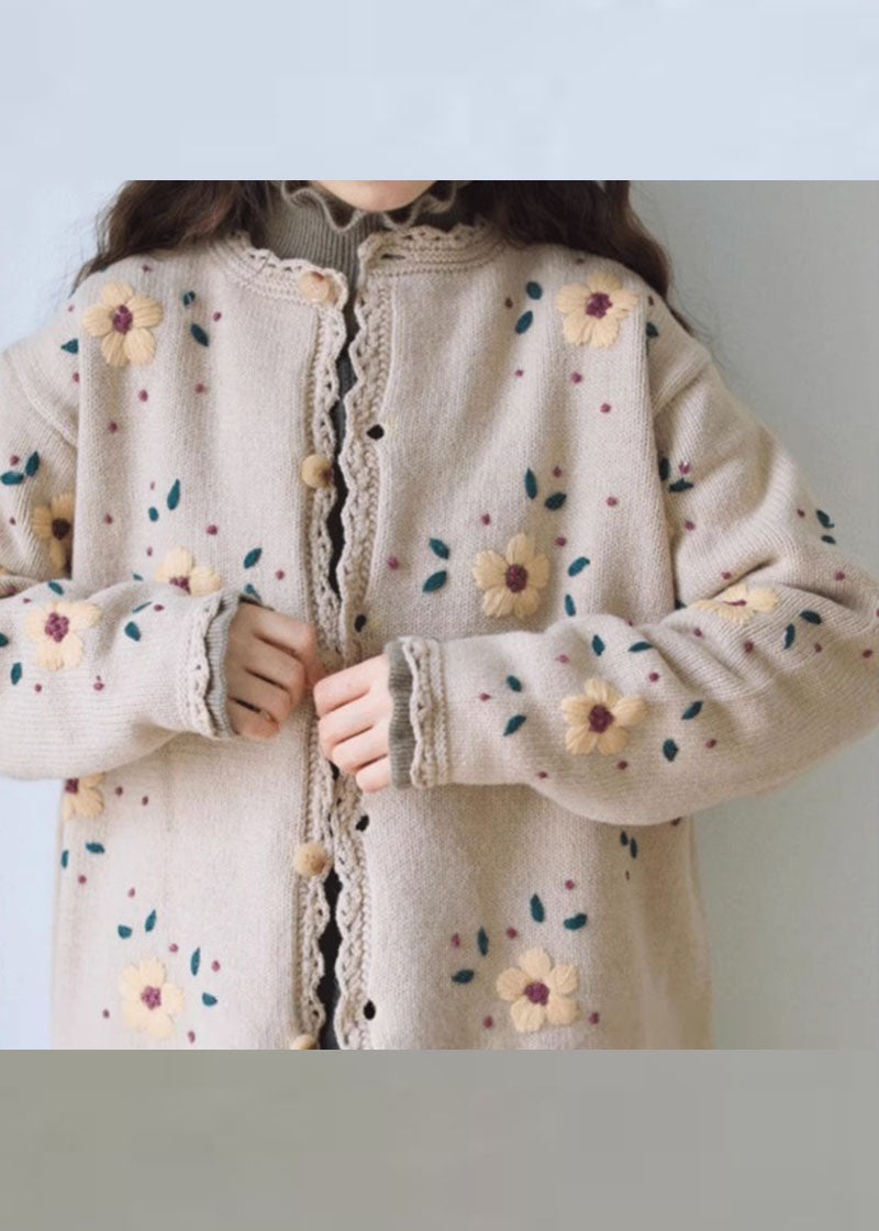 Handmade Coffee Embroideried Lace Patchwork Cotton Knit Coats Long Sleeve