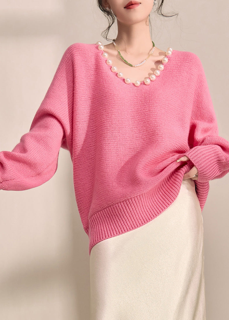Brief Pink Thick Cotton Knit Sweater V Neck Pearl Lantern Sleeve Fall