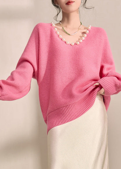 Brief Pink Thick Cotton Knit Sweater V Neck Pearl Lantern Sleeve Fall