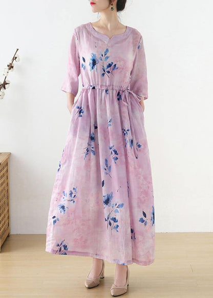 Pink Print Tie Waist Maxi Dresses Summer Ramie