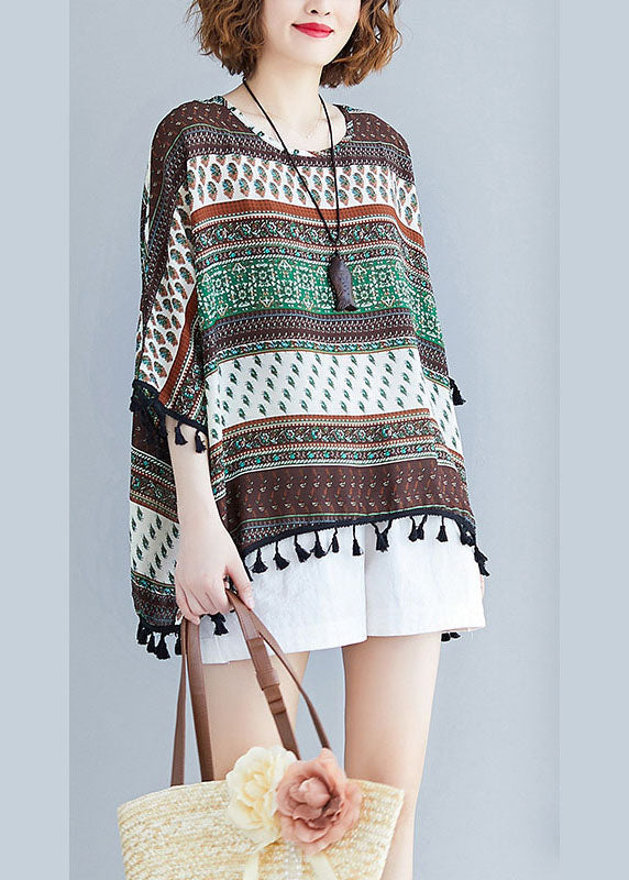 Bat Wing Sleeve O-neck Tasseled Patchwork Fall Blouse Top