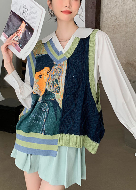 Diy Green V Neck Jacquard Cozy Fall Knit Vest