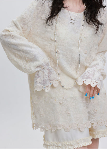 Classy White Embroidered Lace Blouse Tops Spring