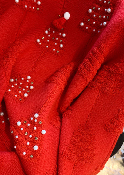 Loose Red O-neck Nail Bead Patchwork Cotton Knit Sweaters Spring