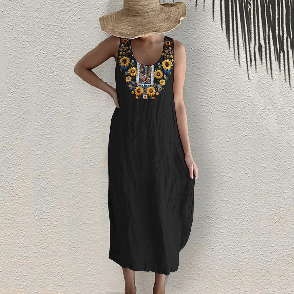 Ukrainian Sunflower Art Pattern Linen Tank Dress artswardrobe