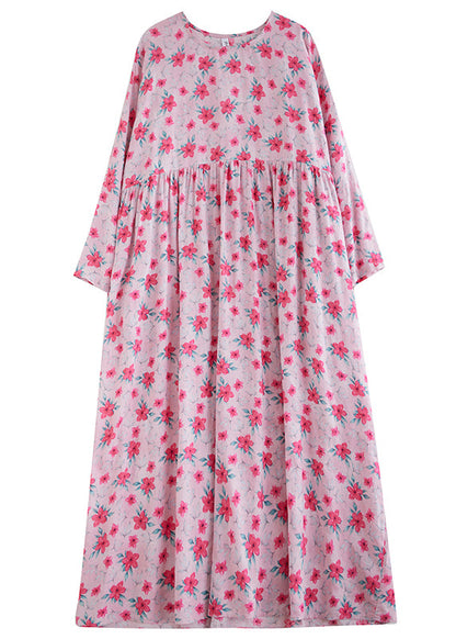Fine Pink O-neck Print Patchwork Long Dress Spring