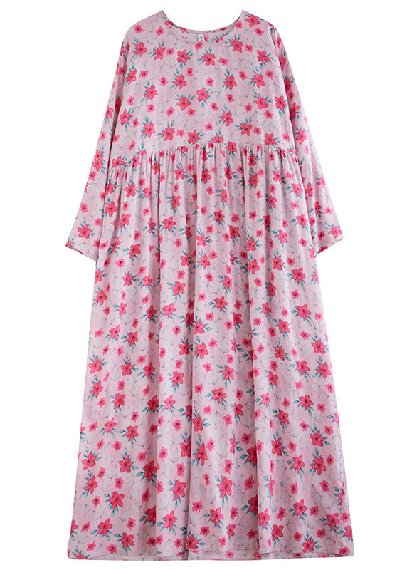 Fine Pink O-neck Print Patchwork Long Dress Spring