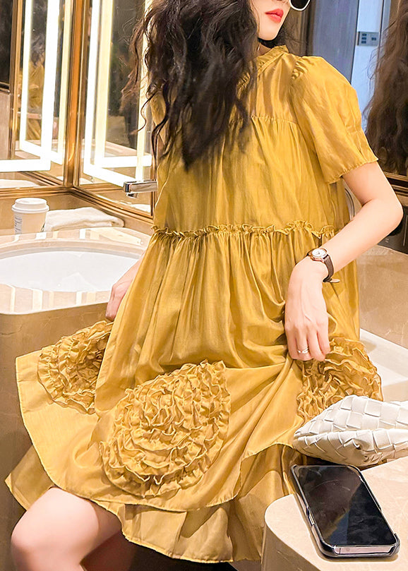 Yellow Ruffled Patchwork Chiffon Dresses Summer