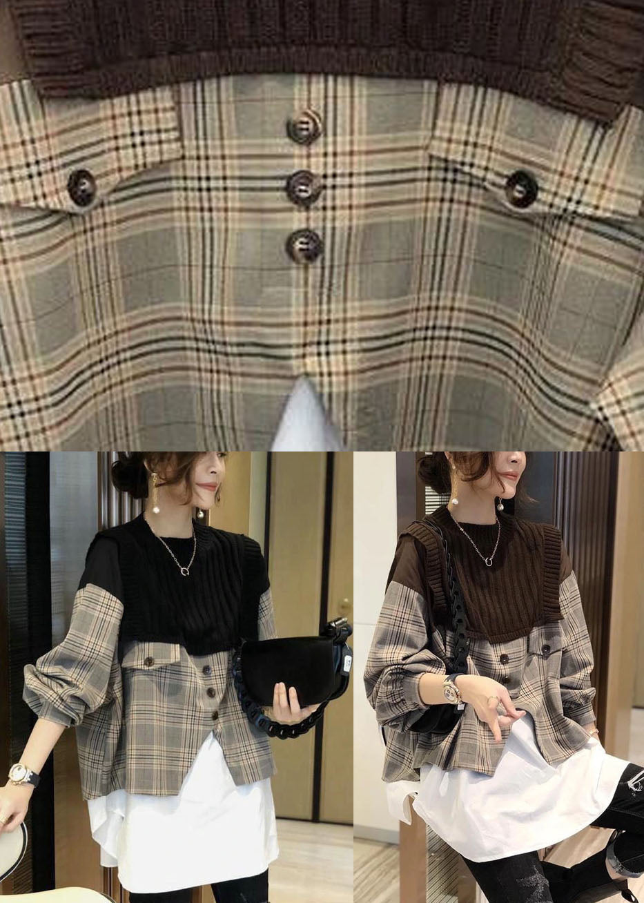 Black Knit Patchwork Plaid Fall Long Sleeve Shirt
