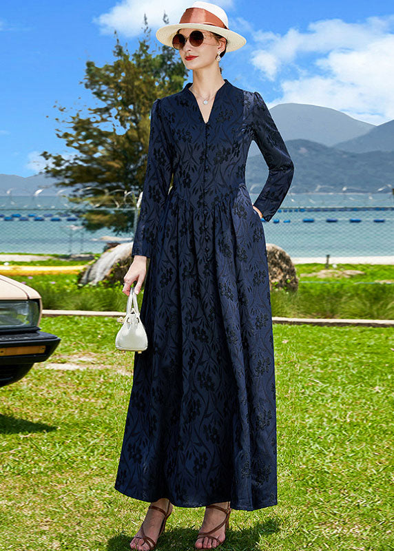 Navy V Neck Jacquard Wrinkled Silk a Line Dress Fall