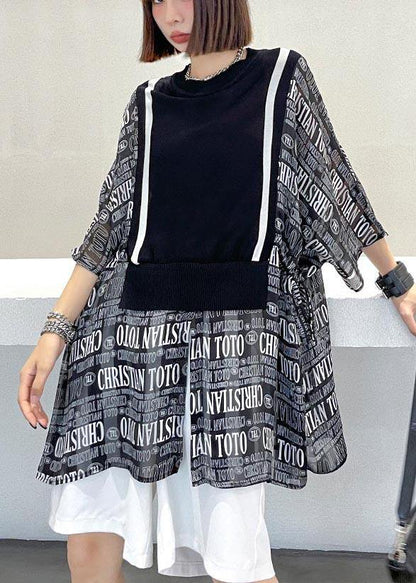 Black Patchwork Graphic Tie Waist Blouse Tops Summer